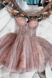 Pearls Champagne Tulle Short Homecoming Dress
