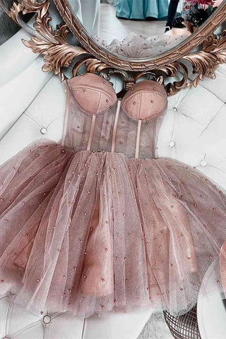 Pearls Champagne Tulle Short Homecoming Dress