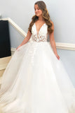V Neck A Line Appliques Sheer Open Back Wedding Dress