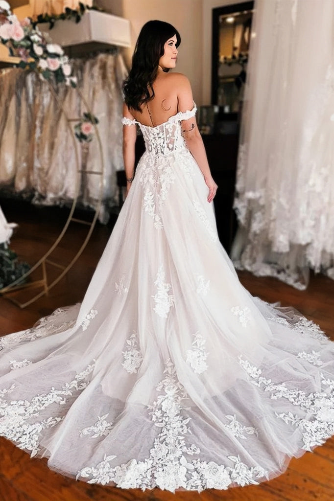 Off The Shoulder A-line Lace Wedding Dress With High Slit