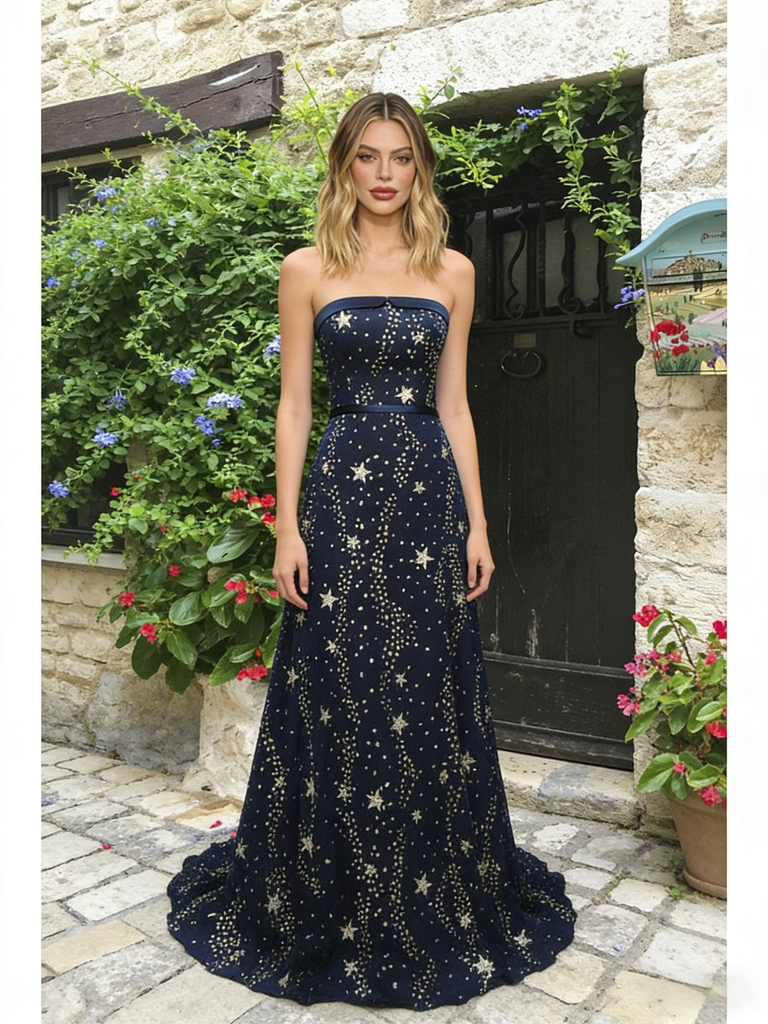 Navy Blue A Line Tulle Star Strapless Prom Dress US10