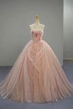 Strapless Pink A-Line Tulle Flower Prom Dress