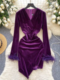 Green Unique Feather Cuff Velvet Long-Sleeve Dress