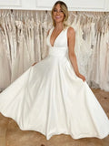 White Satin Long A Line V Neck Wedding Dress With Pockets