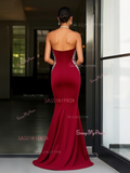 Sheath Column Satin Burgundy Beading Prom Dress With Slit