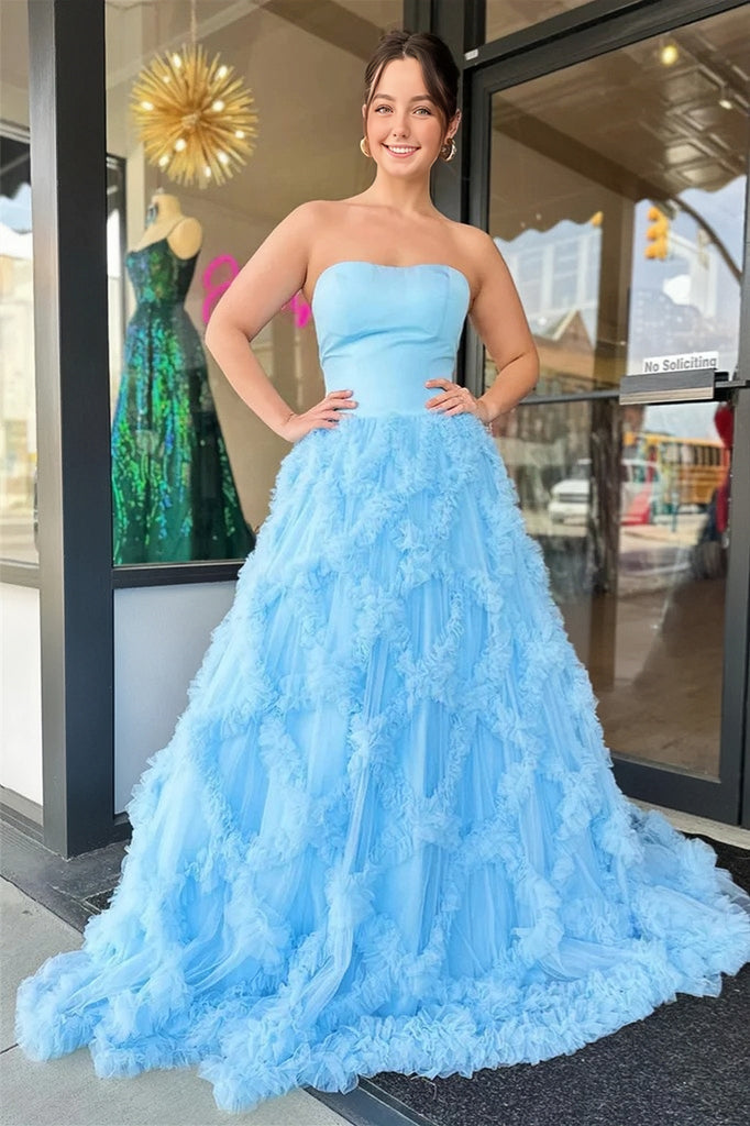 2023 Light Blue Tulle Ruffle Long Strapless Prom Dress – Sassymyprom