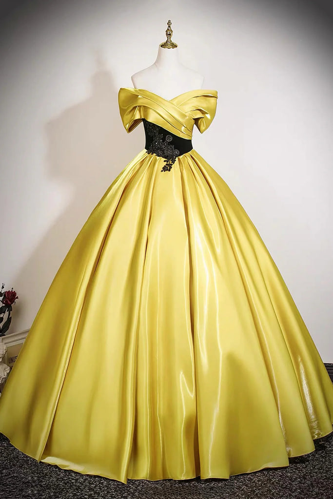 Satin Black Appliques Yellow A Line Prom Dress US2 / Yellow Satin Black Appliques Yellow A Line Prom Dress US2 / Yellow
