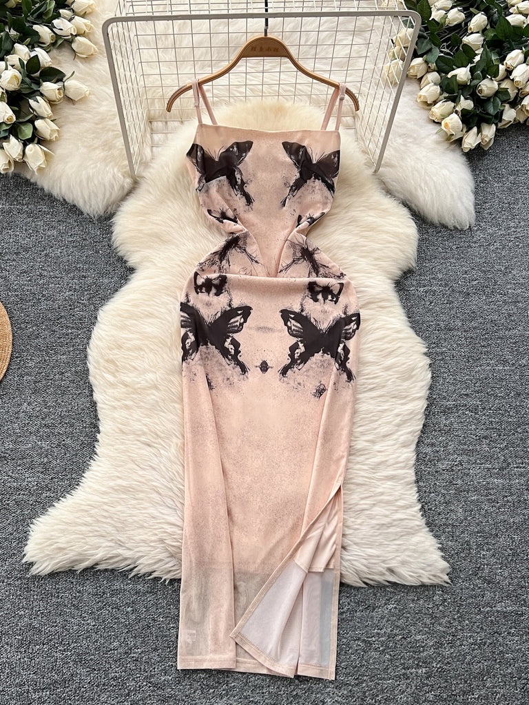 Bodycon Midi Butterfly Peach Summer Dress M