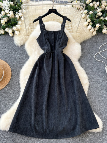 Gray Button Straps Velvet Midi Dress