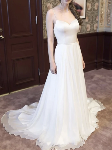 V Neck White Chiffon A Line Wedding Dress