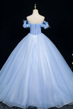 Long Floral Off The Shoulder Blue Tulle Lace Prom Dress