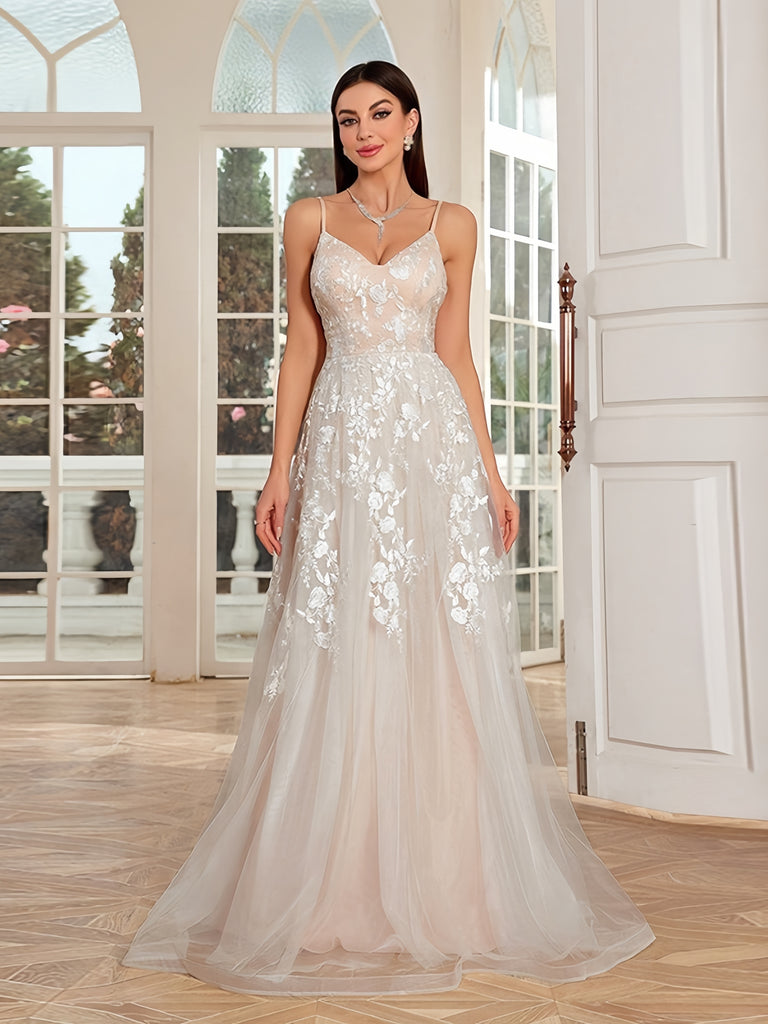 V Neck Backless Appliques Champagne Lace Wedding Dress V Neck Backless Appliques Champagne Lace Wedding Dress