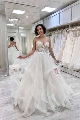 Ruffles Appliques V Neck A Line Tulle Wedding Dress