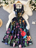 Colorful Flowers Black Maxi Dress