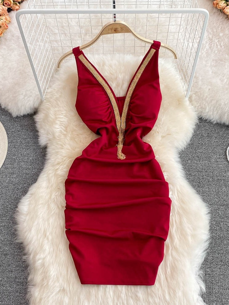 Gold Trim Bold Red Mini Bodycon Dress Black Gold Trim Bold Red Mini Bodycon Dress Black