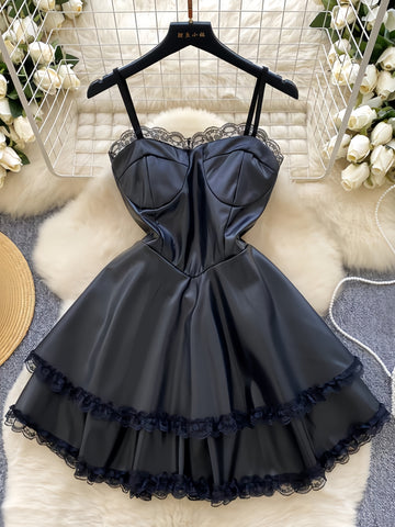 Sweet Short Black Mini Ruffles Lace Dress