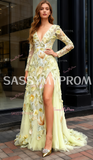Flowers Crystal Yellow V Neck Long Sleeve Prom Dress With Slit