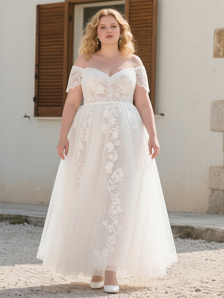 Tea Length A Line Off The Shoulder Plus Size Wedding Dress US4 / Ivory