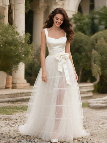 Tulle Bow Belt White A Line Satin Wedding Dress