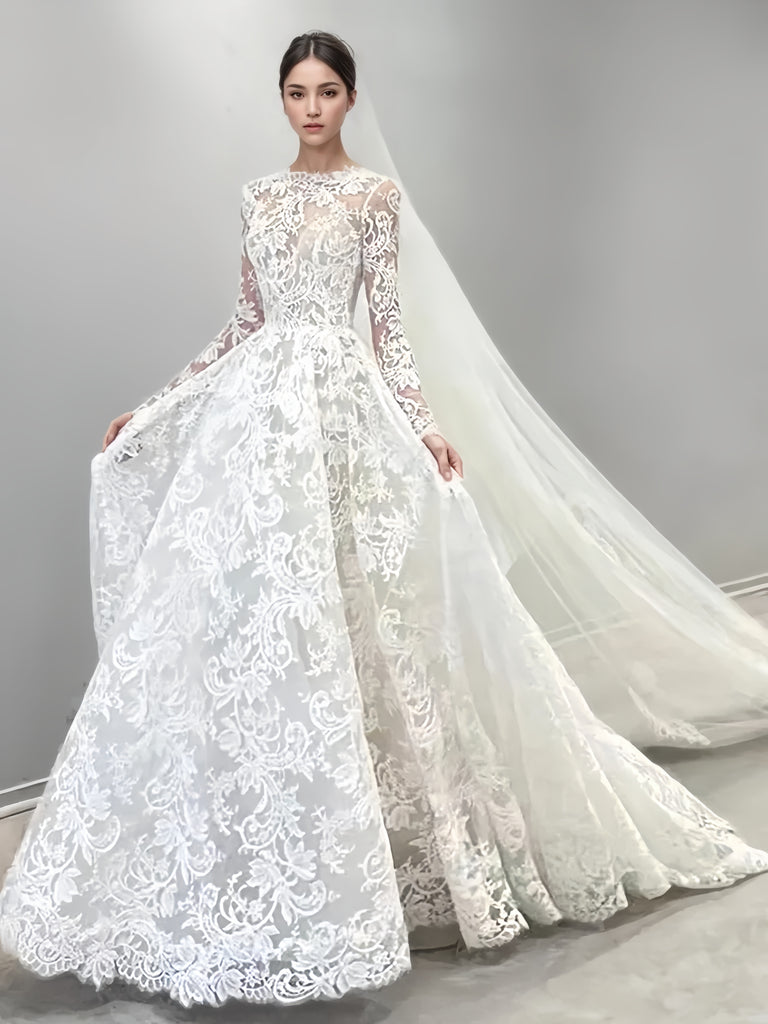 jewel lace wedding dress Gorgeous Long Sleeves A-line Jewel Tulle Lace Backless Wedding Dresses BIZTUNNEL