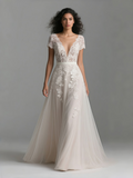 Cap Sleeves V Neck A Line Lace Wedding Dress