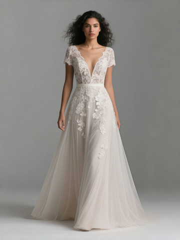 Cap Sleeves V Neck A Line Lace Wedding Dress