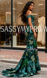 Off The Shoulder Sequin Green Print Mermaid Prom Dress