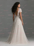 Cap Sleeves V Neck A Line Lace Wedding Dress