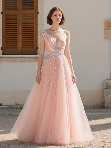 Beading A Line Satin & Tulle Pink Prom Dress