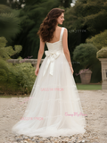 Tulle Bow Belt White A Line Satin Wedding Dress