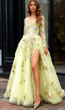 Flowers Crystal Yellow V Neck Long Sleeve Prom Dress With Slit