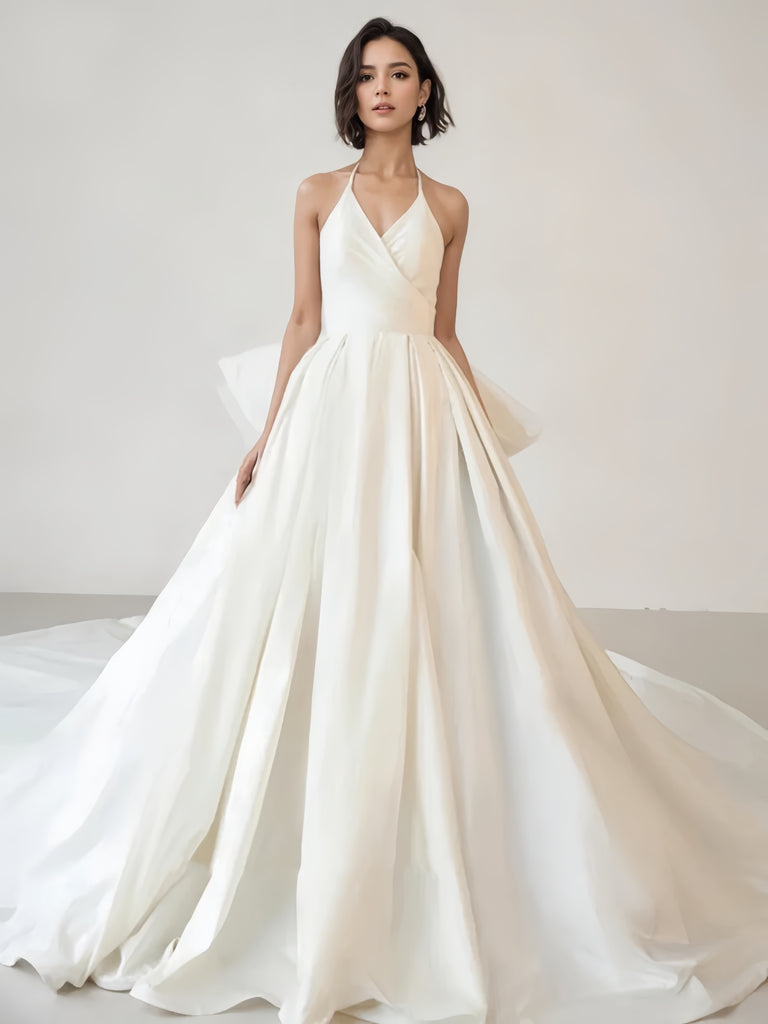 A Line Bow White Halter Satin Wedding Dress Sassymyprom A Line Bow White Halter Satin Wedding Dress Sassymyprom