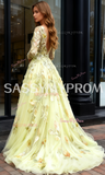 Flowers Crystal Yellow V Neck Long Sleeve Prom Dress With Slit