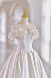 Long A-Line Bow Off The Shoulder White Satin Wedding Dress