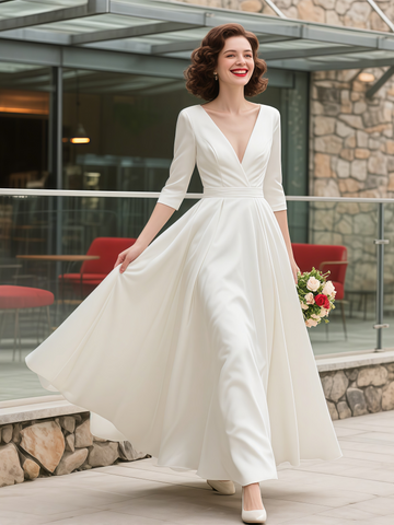 Satin Ankle Length A Line Deep V Neck Wedding Dress
