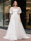 Tulle Square Puffy Sleeve Princess A Line Wedding Dress