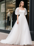 Tulle Square Puffy Sleeve Princess A Line Wedding Dress