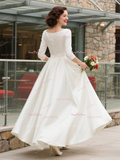 Satin Ankle Length A Line Deep V Neck Wedding Dress