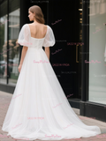 Tulle Square Puffy Sleeve Princess A Line Wedding Dress