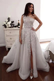 One Shoulder Floral Appliques Gray Wedding Dress