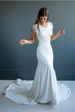 V Neck Cap Sleeves Appliques Trumpet Mermaid Wedding Dress