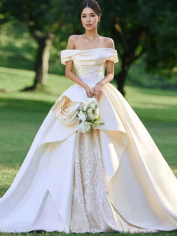 Satin Lace Flower Off The Shoulder Wedding Dress