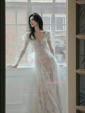 Long Sleeve A Line Deep V Neck Tulle Wedding Dress
