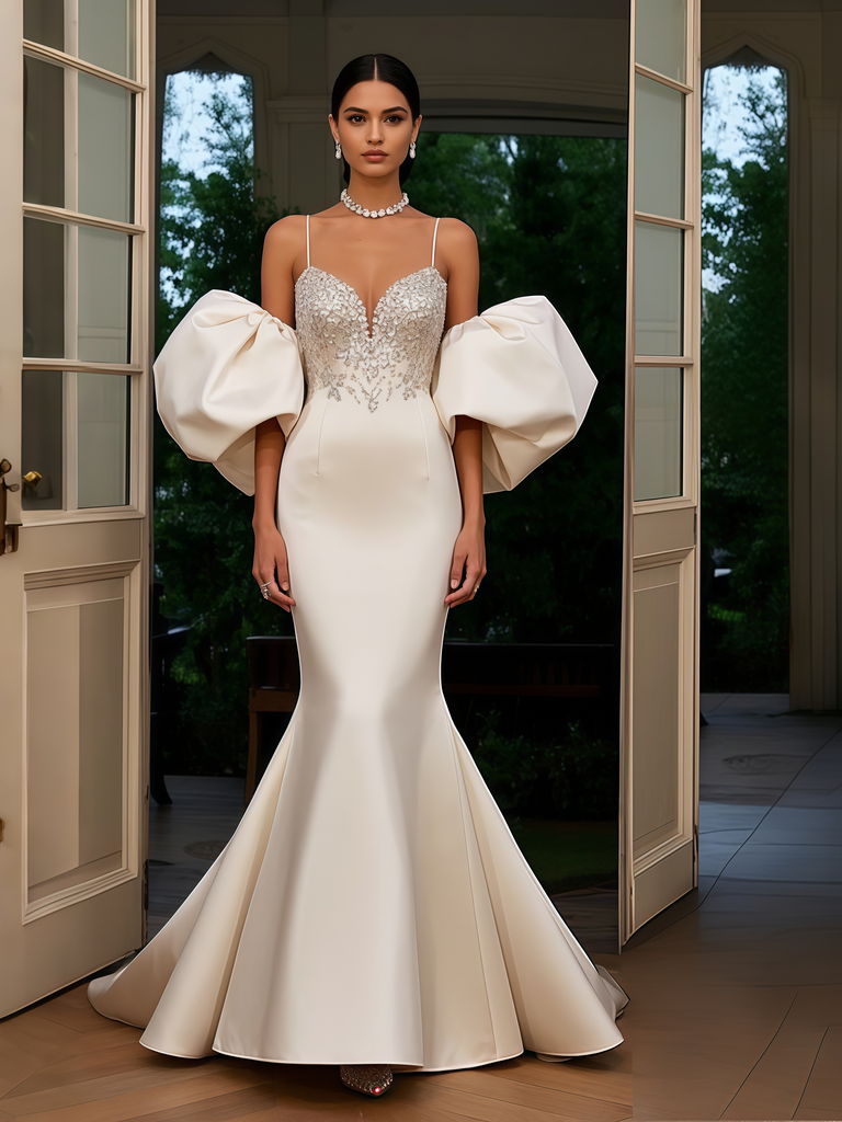 beige puffy dress Beige A-line Puff Sleeve Maxi Dress With Side Slit for Wedding Guest, Glamorous Beige Ankle Length Puffy-sleeved Guest to Wedding Maxi Dress