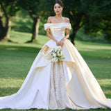 Satin Lace Flower Off The Shoulder Wedding Dress