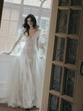 Long Sleeve A Line Deep V Neck Tulle Wedding Dress