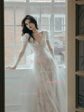 Long Sleeve A Line Deep V Neck Tulle Wedding Dress