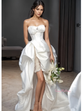 A Line High Low Satin Sweetheart Pearls Wedding Dress With Slit