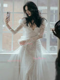 Long Sleeve A Line Deep V Neck Tulle Wedding Dress