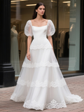 Puffy Sleeve Tulle Ruffles Square Lace Wedding Dress